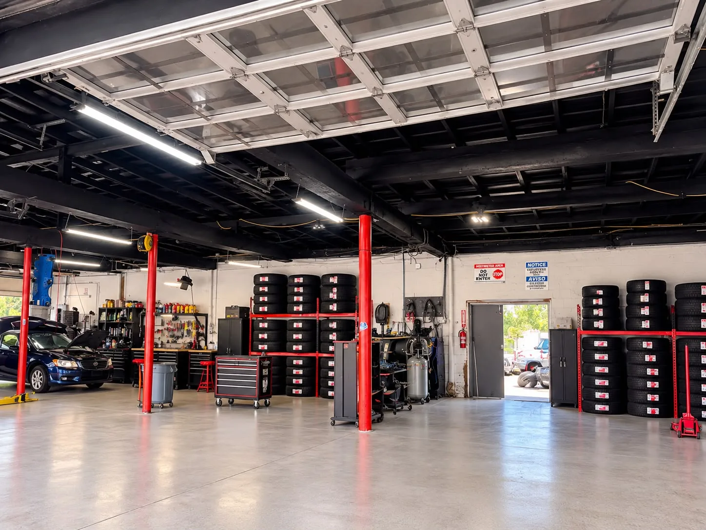 KC Bros service bay: red support posts, a car on the lift, toolboxes and shelves of oil, and racks of tires by the side door