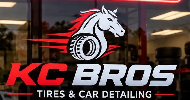 KC Bros logo on the front window: a horse head bursting from a tire, with Tires & Car Detailing underneath