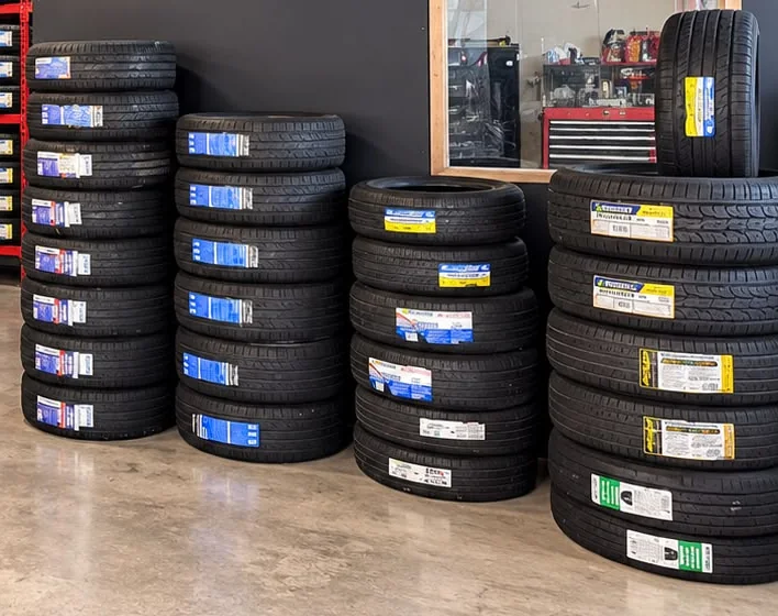 Stacks of new tires with their labels still on, lined up on the shop floor